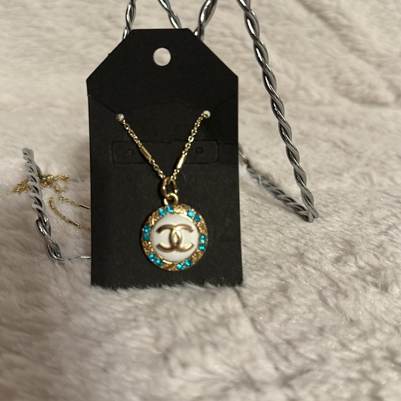 Chanel Gold & Blue Pendant Necklace w/Unbranded Gold Chain 17” with 3” Extension - Picture 1 of 7